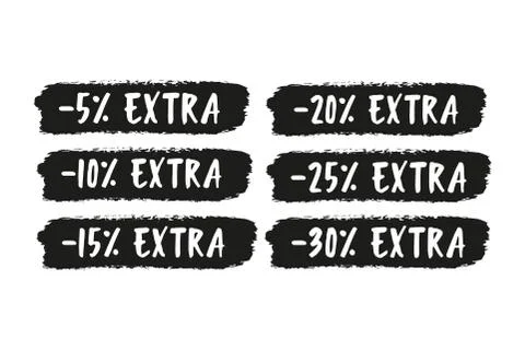 Hand sketched word EXTRA. Hand sketched sale tags 5, 10, 15, 20, 25, 30, percent Stock Illustration