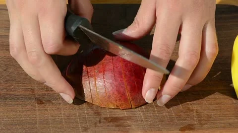 Hand slice ripe ecologic mango fruit knife wooden board Stock Footage 20524453