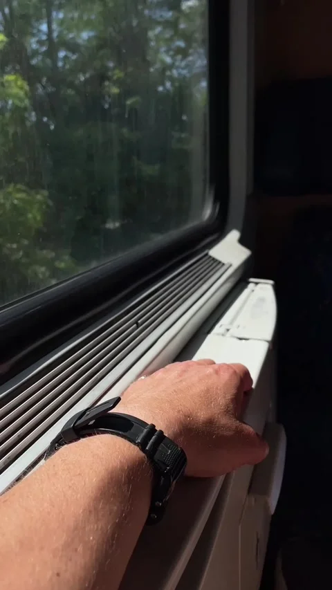 Hand sliding along train window sill during daytime travel with wristwatch and Stock Footage 341661083