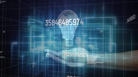 Hand sliding under cubes dissolving into bulb, rotating globe and data pulsing Stock Footage 329365393