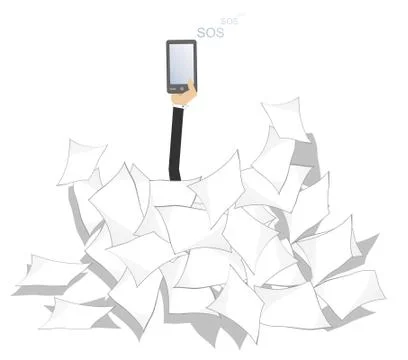Hand with smart phone which calls for help and a pile of documents Illustrazione stock