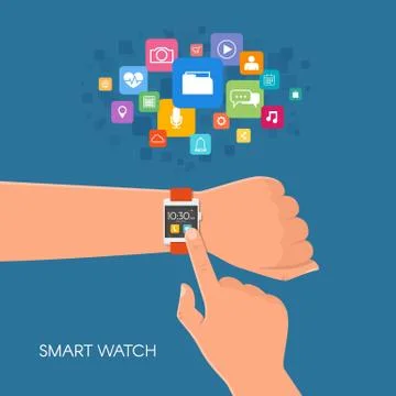 Hand with smart watch. Vector illustration in flat style. Design elements and Stock Illustration