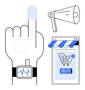 A hand with a smart wearable device, an e-commerce shopping cart on a smartph Stock Illustration