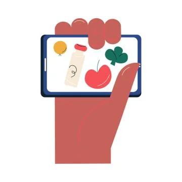Hand with smartphome choosing and ordering delivery of food products online イラスト素材