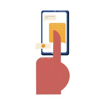 Hand with smartphome communicating in chat and replying with smiles イラスト素材