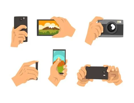 Hand with Smartphone and Camera Taking Landscape Photo or Picture Vector Set Ilustración de archivo