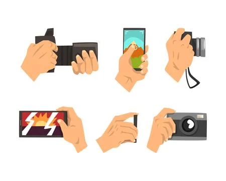 Hand with Smartphone and Camera Taking Landscape Photo or Picture Vector Set Ilustración de archivo