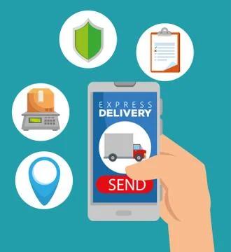 Hand with smartphone and distribution package service Illustrazione stock