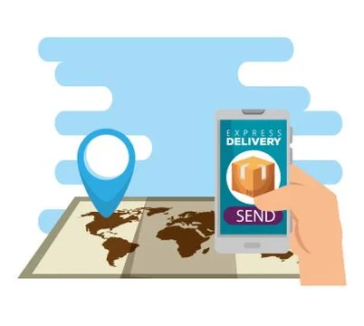 Hand with smartphone and global map location sign Stock Illustration