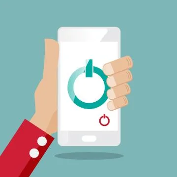Hand with smartphone and power switch icon vector illustration Stock Illustration
