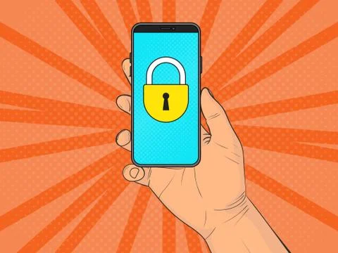 A hand with a smartphone with lock icon on screen. Locked phone Stock Illustration