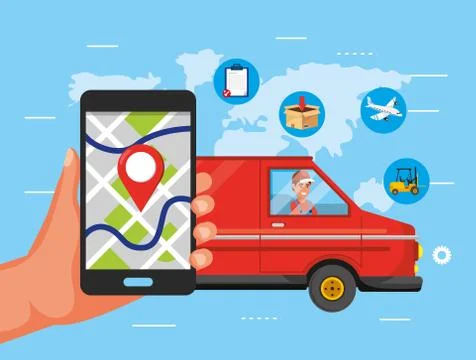 Hand with smartphone map location and man in the van transportation Illustrazione stock