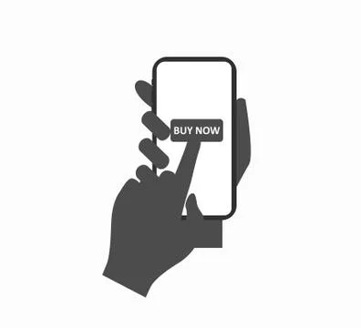 Hand with smartphone - online shopping button buy now, order goods Stock Illustration