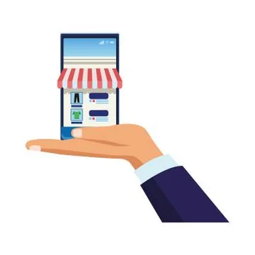 Hand with smartphone with parasol ecommerce Illustrazione stock