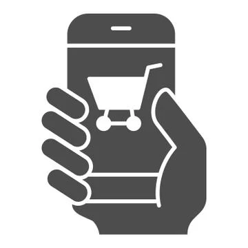 Hand with smartphone solid icon, shopping concept, mobile payment through phone 스톡 일러스트