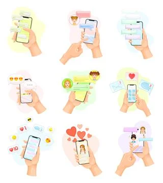 Hand with Smartphone Using Chat Software Text Messaging and Liking Photo Vector Stock Illustration