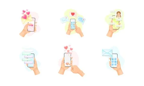Hand with Smartphone Using Chat Software Text Messaging Vector Set Stock Illustration