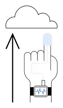 Hand with Smartwatch and Sensor Uploading Health Data to Cloud Stock Illustration