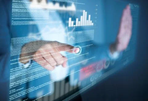 Hand, software and hologram with coding, graphs and programming with click on 스톡 사진