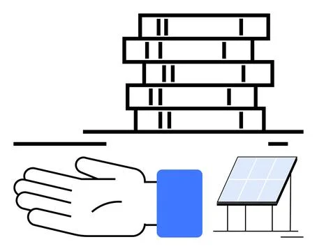 Hand, Solar Panel, and Modern Building Elements Representing Sustainability.. Ilustración de archivo