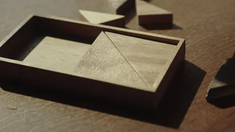 Hand Solves Wooden Geometric Puzzle by Fitting Pieces into Storage Box Stock Footage 337762725