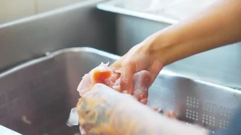 Hand Sorting Raw Meat in Perforated Metal Crate at Butchery Stock Footage 346653977