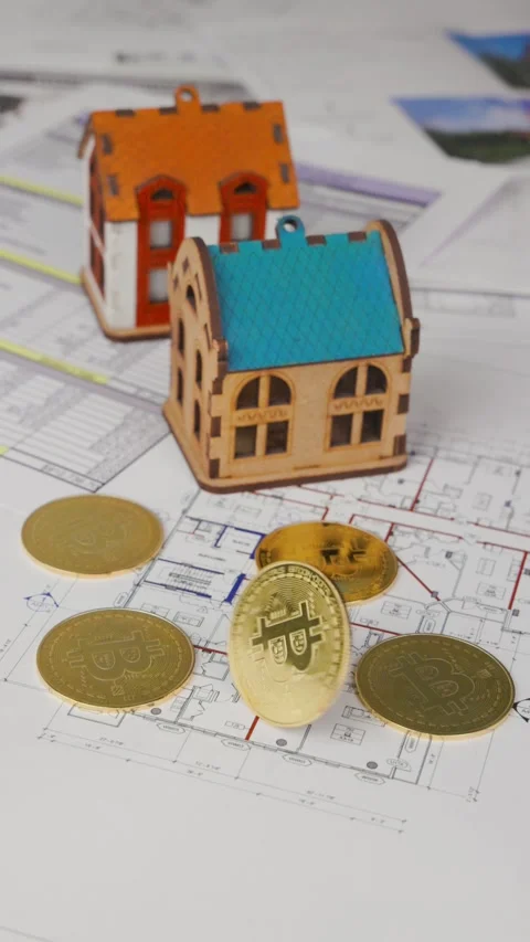 A hand spins a bitcoin in front of a real estate object Stock-Footage 305637851