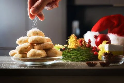 Hand sprinkling sugar over stack of cookies on kitchen bench 스톡 사진