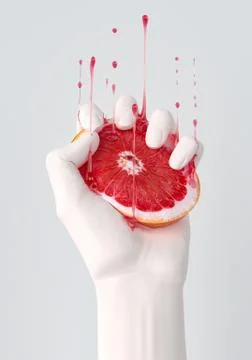 Hand squeezing citrus fruit and drip up of juice, grapefruit slice. Summer mo Stock Illustration
