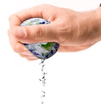 Hand squeezing earth with water drops isolated on white. Stock Illustration