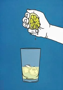 Hand squeezing fresh lime into glass with ice Stock Illustration