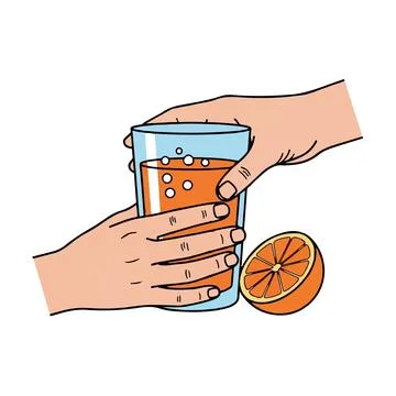 Hand Squeezing Fresh Orange Juice into Glass with Citrus Fruit Illustration 库存插图