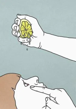 Hand squeezing lemon into womans eye Stock Illustration