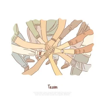 Hand stack, team bonding exercise, community cooperation, group unity, divers Stock Illustration