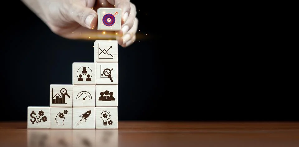 Hand stack woods block step on table with icon Action plan, Goal and target, Stock Photos