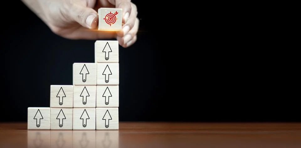 Hand stack woods block step on table with icon Action plan, Goal and target, Stock Photos