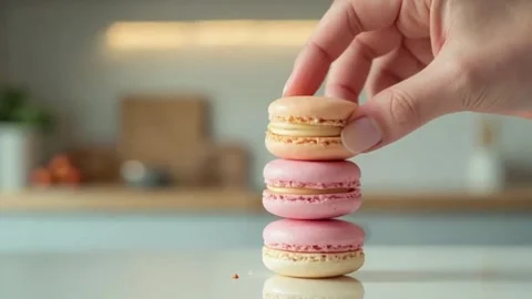 Hand Stacking Colorful Macarons Tower on White Background – Slow Motion Stock Footage 311474901