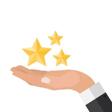 Hand with Stars Flat Design. Present, Gift, ?oupon Concept. Vector Illustrati Illustrazione stock
