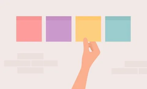 Hand sticking or peeling off a colored note from the wall Stock Illustration