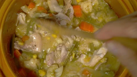 Hand stirring chicken and vegetable casserole / stew in a slow cooker. Stock Footage 225477329