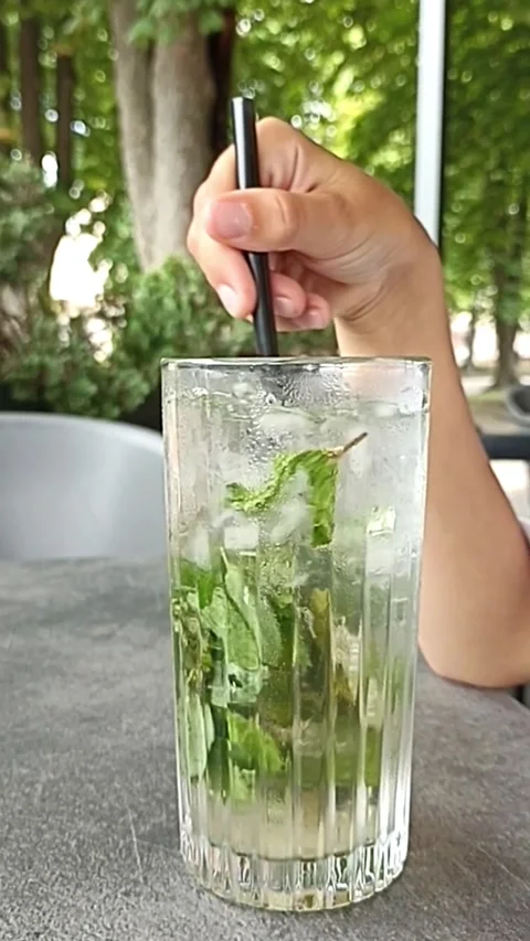 Hand Stirring Cold Mojito Cocktail with Lime and Mint Close Up Stock Footage 341736273