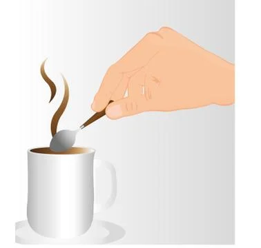 Hand stirring hot coffee over gray background. vector Illustrazione stock