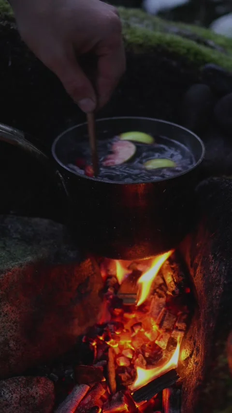 Hand Stirring Mulled Wine Over Campfire in Winter Forest – Vertical Close-Up Stock Footage 311945878