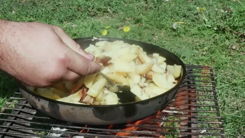 A hand stirs fried potatoes with a spoon in a pan on a grill, in a clearing, Vídeos de archivo 217515609
