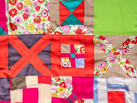 Hand-stitched colorful patchwork cloth Stock Photos