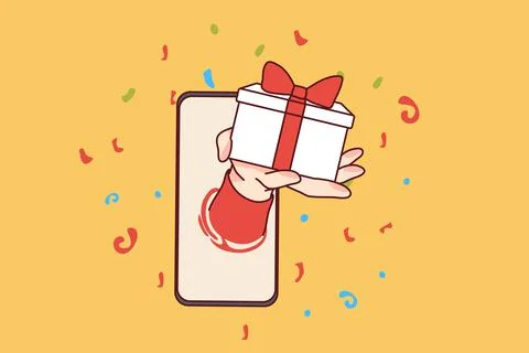 Hand stretching from mobile with present Stock Illustration