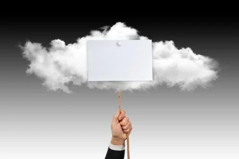 Hand strings rope attached to a cloud with white sign Stock Photos