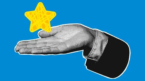 Hand in a suit sleeve holds a floating doodle star, halftone pop art vector.. Stock Illustration