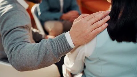 Hand, support and therapy session with group in office, psychology and employee Stock Photos
