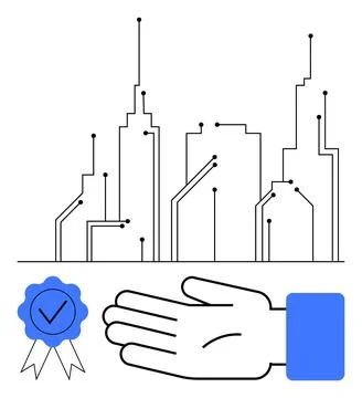 Hand Supporting Modern City Skyline with Circuit Lines and Blue Quality Badge Stock Illustration